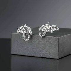 925 Sterling Silver Umbrella Stud Earrings|Rhodium Plated with Cubic Zirconia