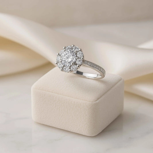 925 Sterling Silver Floral Halo Engagement Ring