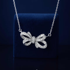 925 Sterling Silver Rhodium Plated Bow Necklace with Cubic Zirconia
