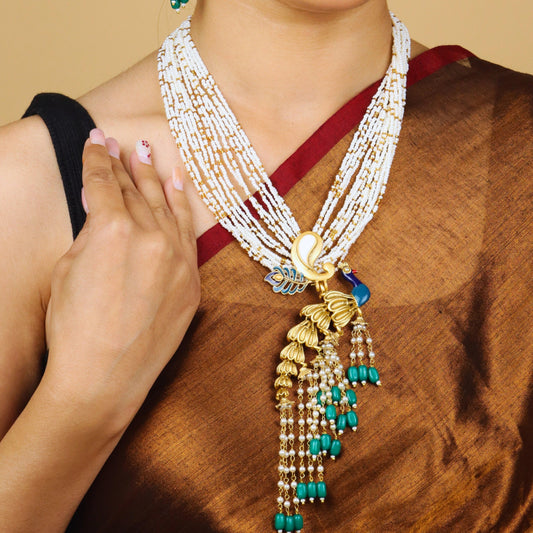 Graceful Peacock Necklace With Earrings - Rukhmani
