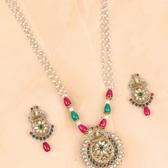 Rajwadi Red & Green Kundan Necklace with Earrings