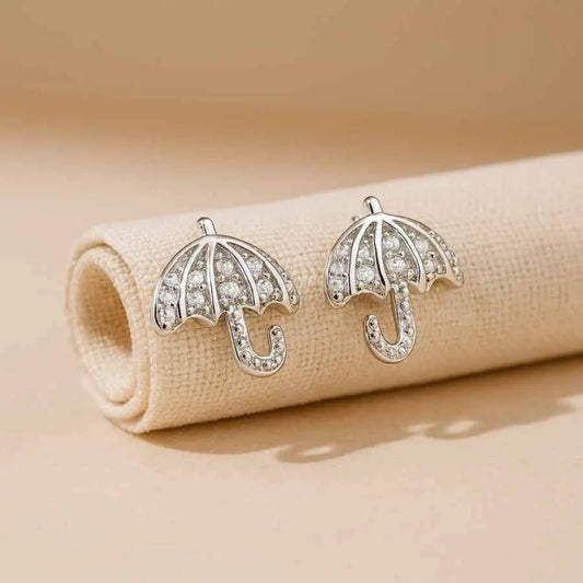 925 Sterling Silver Umbrella Stud Earrings|Rhodium Plated with Cubic Zirconia
