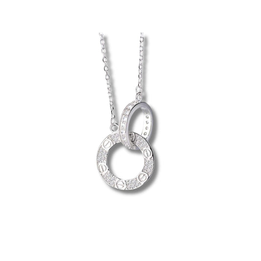 925 Sterling Silver Rhodium Plated Double Ring Pendant Necklace with Cubic Zirconia