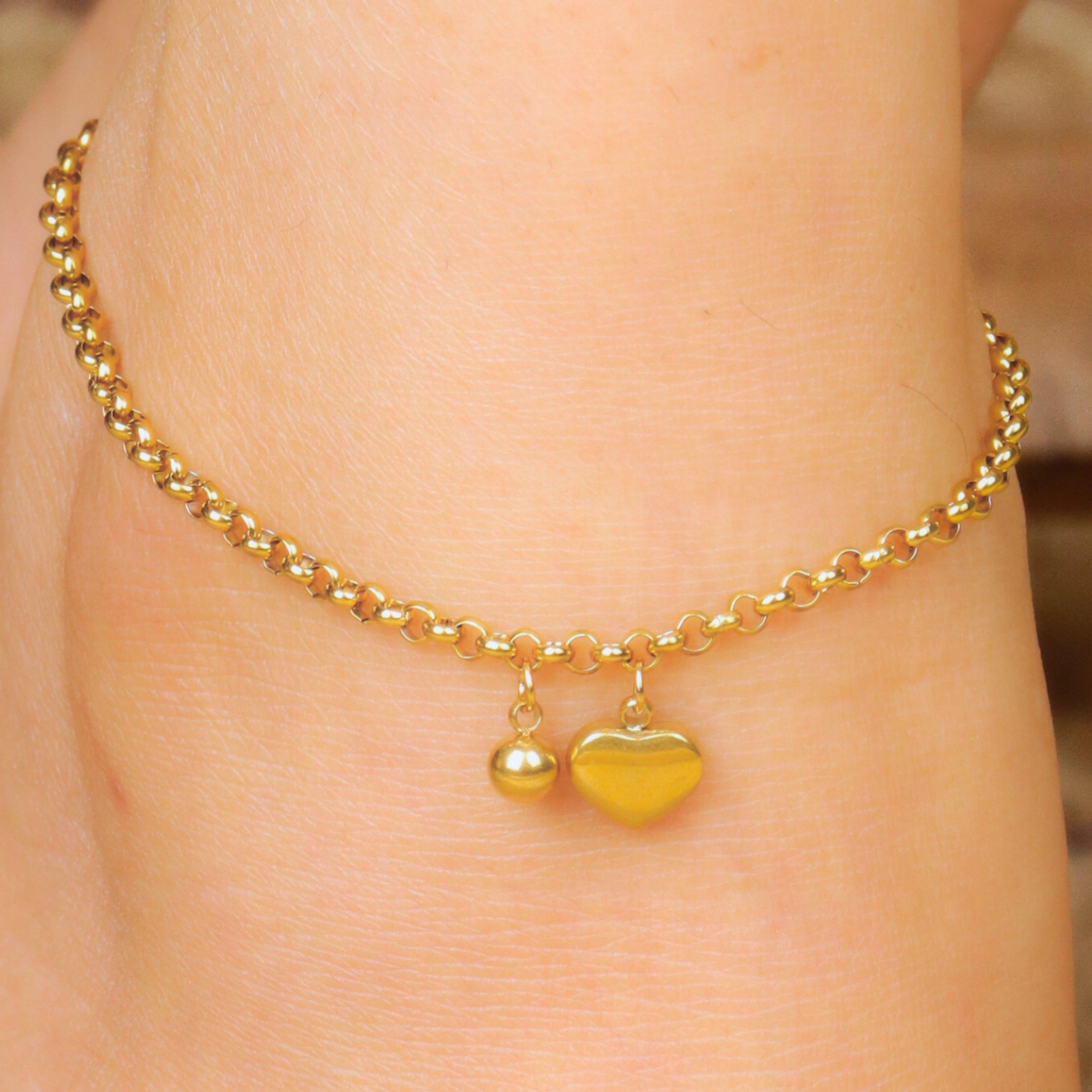 Gold Plated Mirror Chain With Heart Charms Anklet - Rukhmani