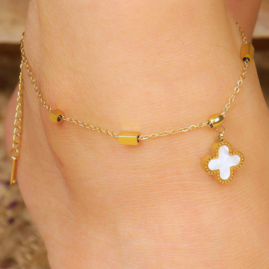 Gold Plated Mother Of Pearl with Charm and Mirror Chain Anklet - Rukhmani