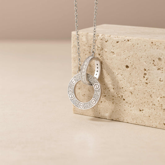 925 Sterling Silver Rhodium Plated Double Ring Pendant Necklace with Cubic Zirconia
