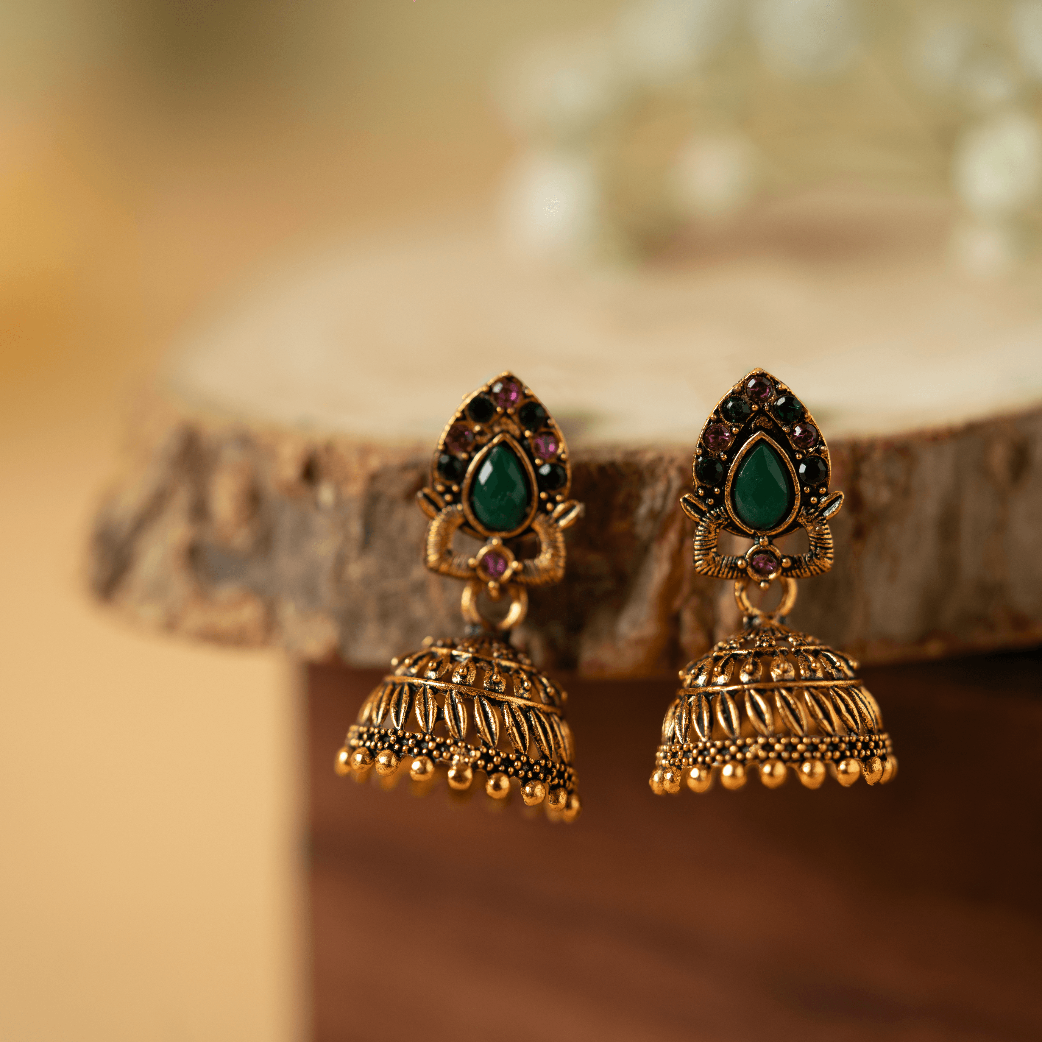 Gold plated green & pink antique jhumka - Rukhmani