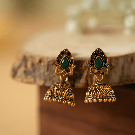 Gold plated green & pink antique jhumka - Rukhmani