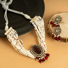 Red Stone Pearl Choker with Earrings - Rukhmani