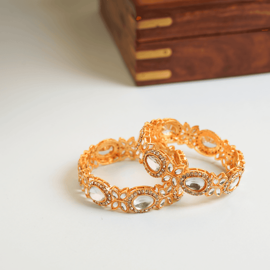 Clear White Drop Diamond with Crystals Gold Plated Bangles - Rukhmani