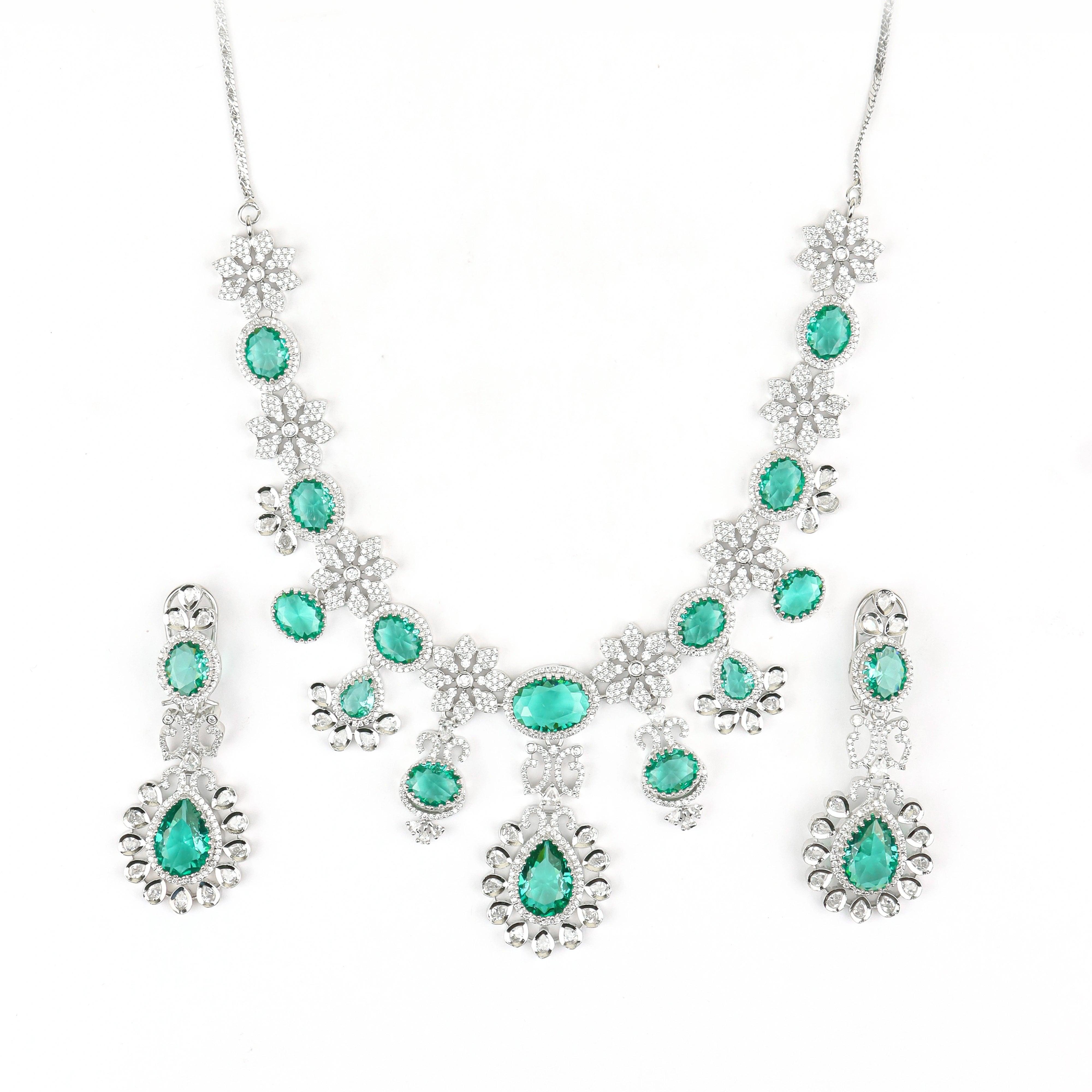 Zambian Emeraled Diamond Necklace Set with Earrings - Rukhmani