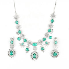 Zambian Emeraled Diamond Necklace Set with Earrings - Rukhmani
