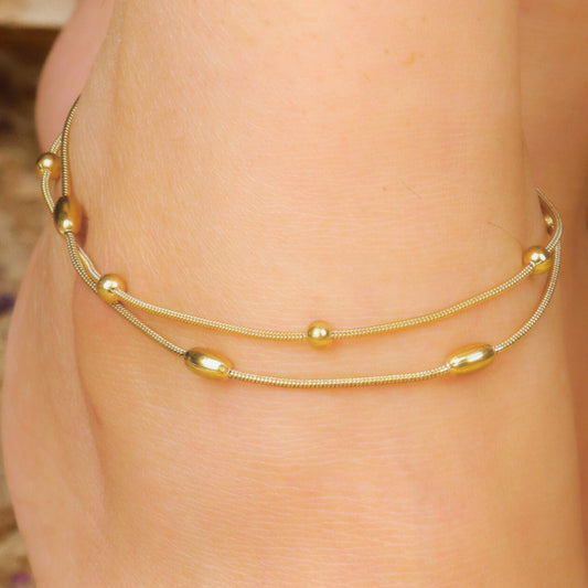 Gold Plated Double Layered Rope Chain Anklet with Bids - Rukhmani