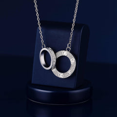 925 Sterling Silver Rhodium Plated Double Ring Pendant Necklace with Cubic Zirconia