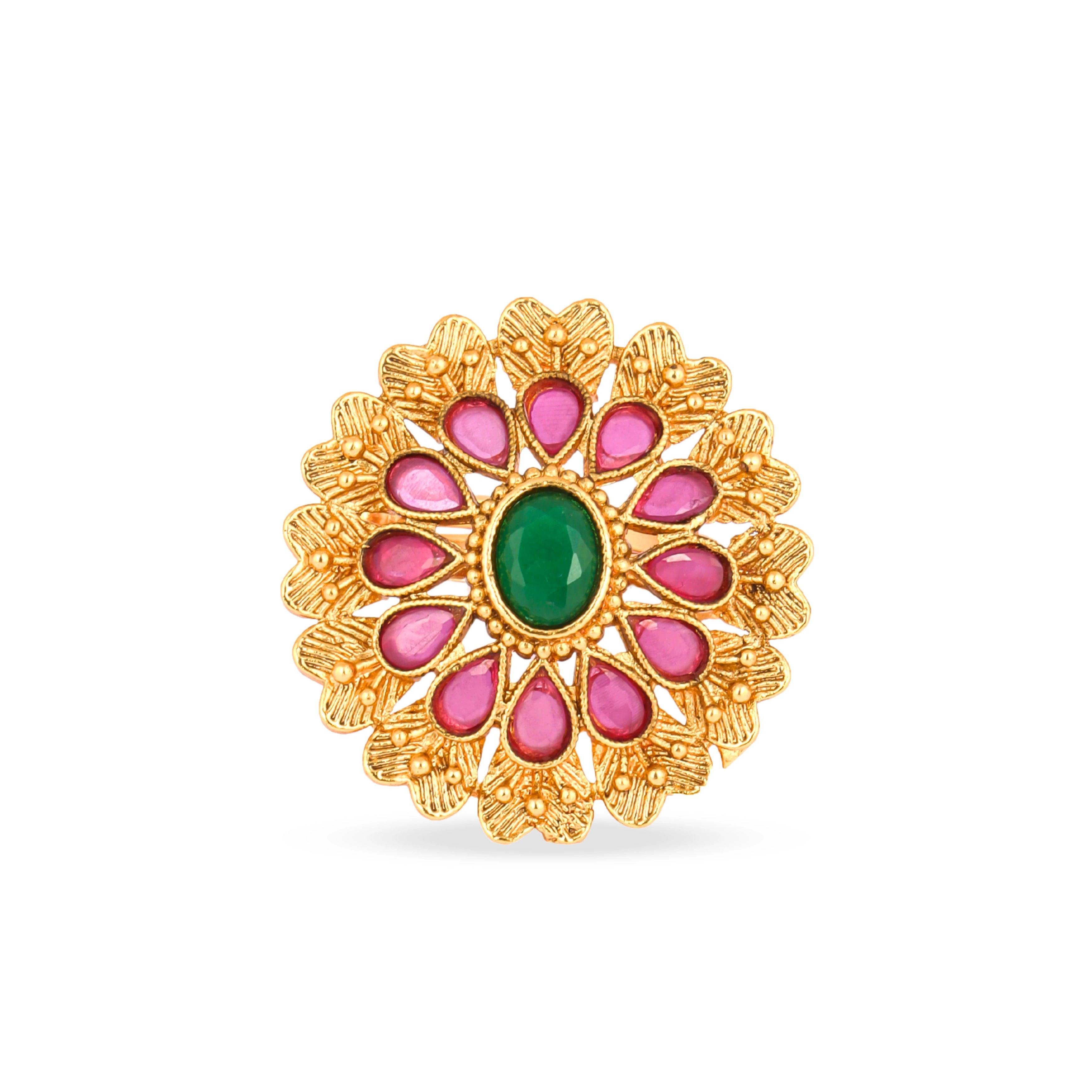 Gold Plated Green Stone Flower Rajwadi Rings - Rukhmani
