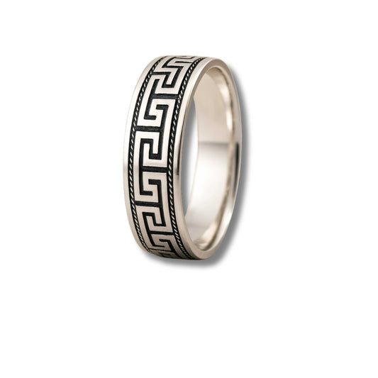 925 Sterling Silver Rhodium Plated Greek Pattern Band Ring for Men