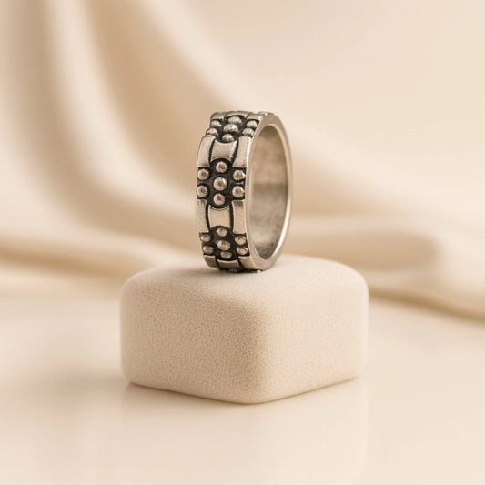 925 Sterling Silver Men’s Oxidized Ring | Rhodium Plated Dotted Textured Band