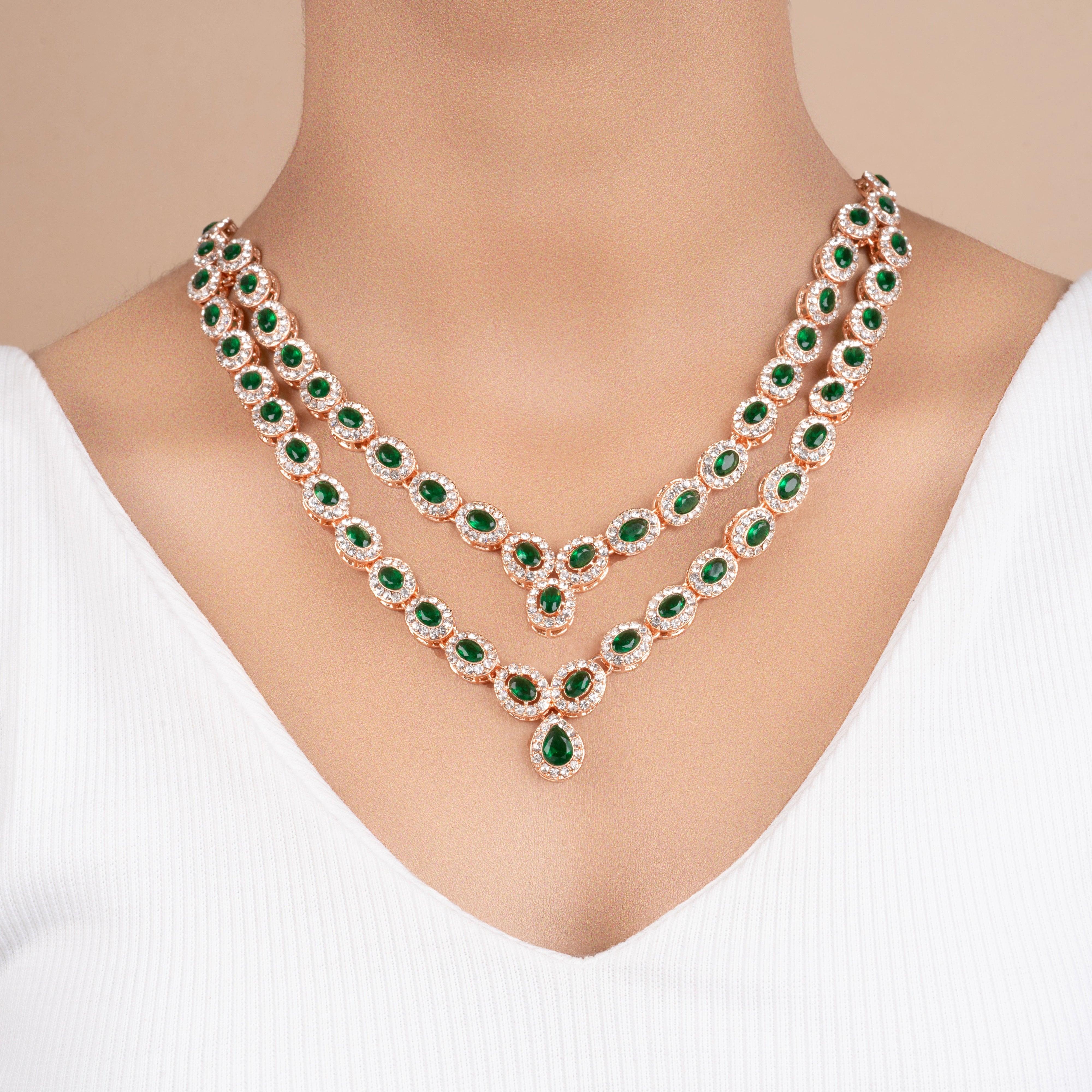 American Green Diamond Fancy Designer Beautiful Necklace Set with Earrings and Bindi - Rukhmani