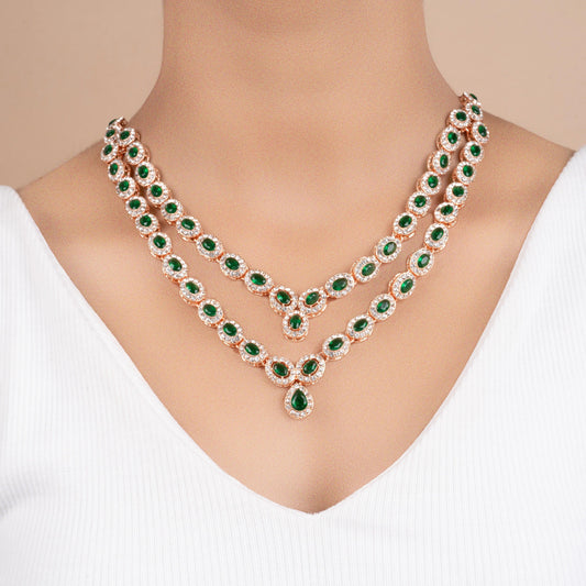 American Green Diamond Fancy Designer Beautiful Necklace Set with Earrings and Bindi - Rukhmani