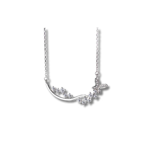 925 Sterling Silver Rhodium Plated Butterfly Floral Necklace with Cubic Zirconia