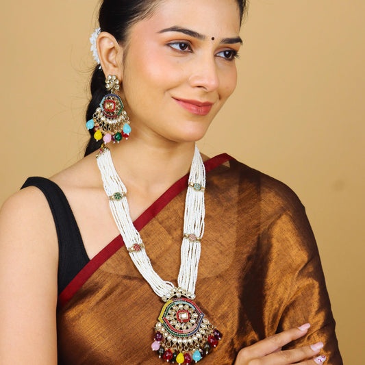 Rangamahal Moti Rajwadi Long Necklace With Earrings - Rukhmani