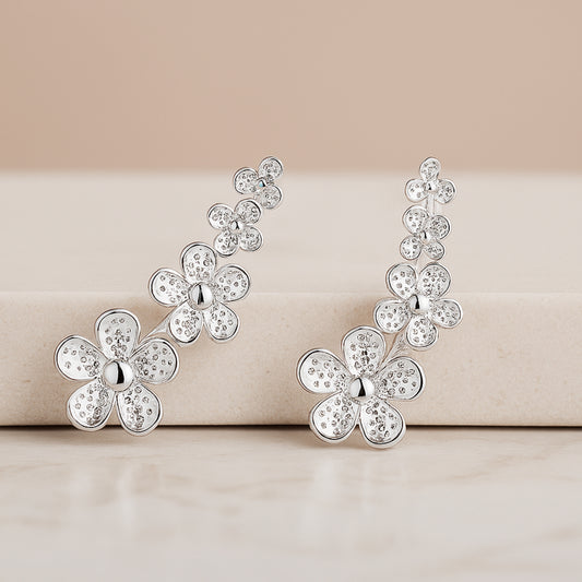 925 Sterling Silver Rhodium Plated Floral Ear Cuffs