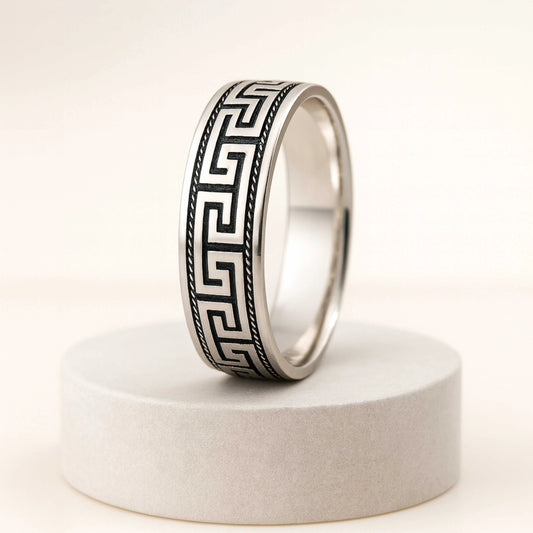925 Sterling Silver Rhodium Plated Greek Pattern Band Ring for Men