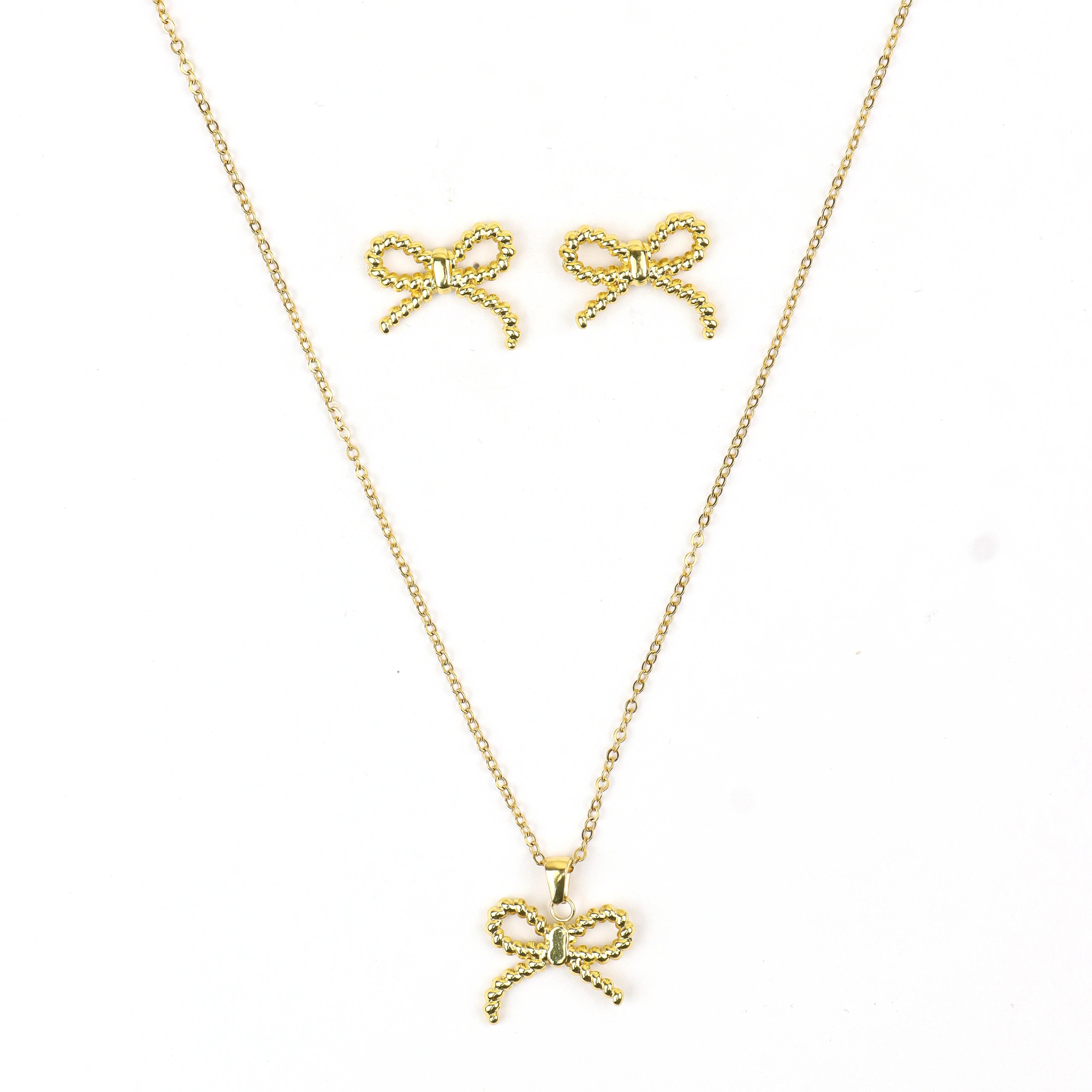 Gold Plated Bow Chain Pendant With Earrings - Rukhmani