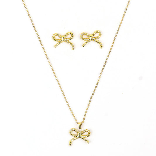 Gold Plated Bow Chain Pendant With Earrings - Rukhmani