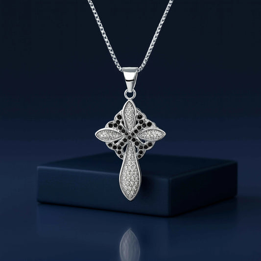 Black & White CZ Cross Pendant in 925 Sterling Silver