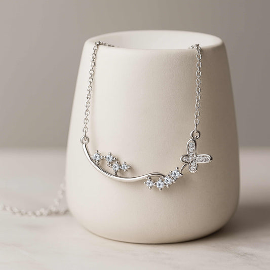 925 Sterling Silver Rhodium Plated Butterfly Floral Necklace with Cubic Zirconia
