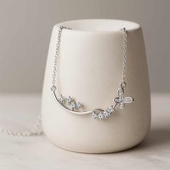 925 Sterling Silver Rhodium Plated Butterfly Floral Necklace with Cubic Zirconia
