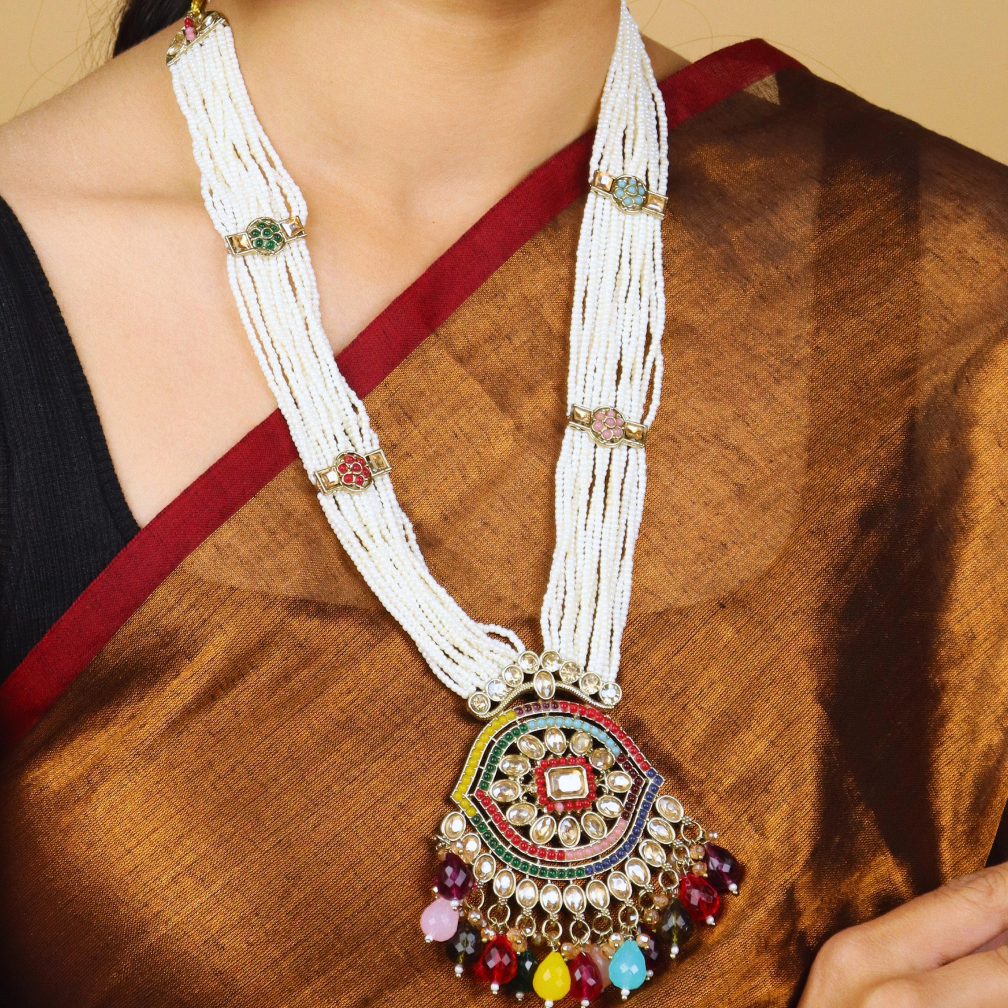 Rangamahal Moti Rajwadi Long Necklace With Earrings - Rukhmani