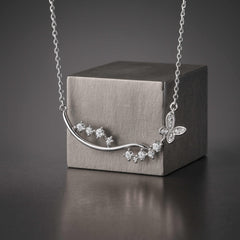 925 Sterling Silver Rhodium Plated Butterfly Floral Necklace with Cubic Zirconia