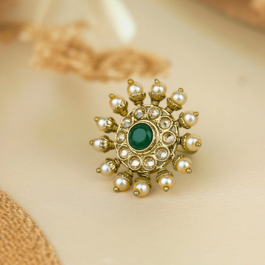 Kundan Green Stone with Pearl Ring