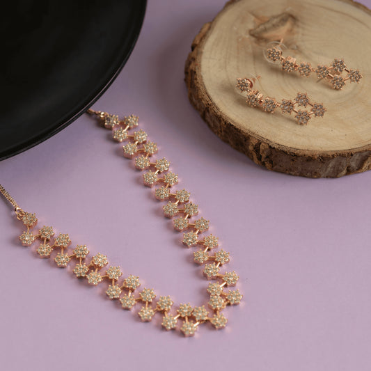 Set of rose gold unique diamond necklace and earring