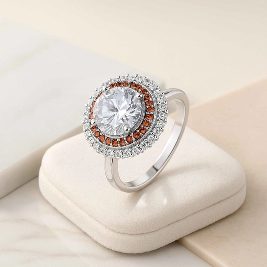 925 Sterling Silver Dual Halo Ring with Brown and White CZ Stones