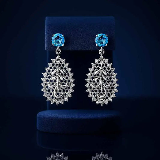 925 Sterling Silver Drop Earrings with Blue Stone and Filigree Leaf Design|Rhodium Plated