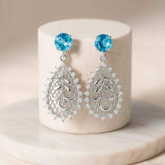 925 Sterling Silver Drop Earrings with Blue Stone and Filigree Leaf Design|Rhodium Plated