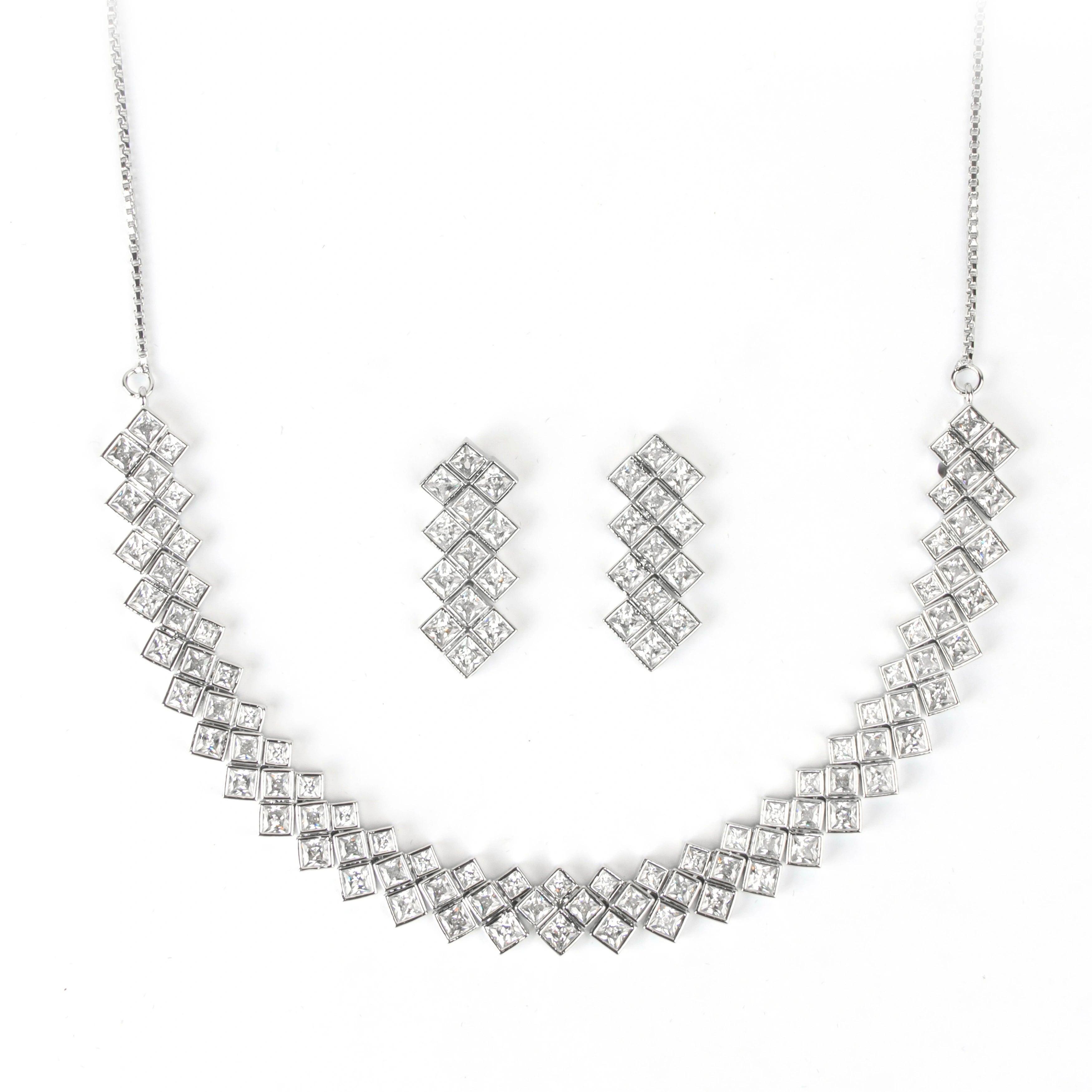 Silver Plated Modern Flow Diamond Necklace with Earrings - Rukhmani