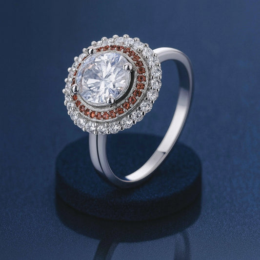 925 Sterling Silver Dual Halo Ring with Brown and White CZ Stones