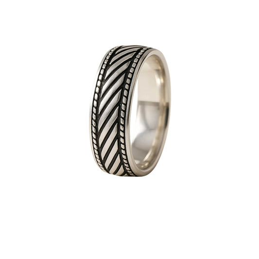 925 Sterling Silver Rhodium Plated Diagonal Line Band Ring for Men