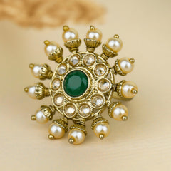Kundan Green Stone with Pearl Ring