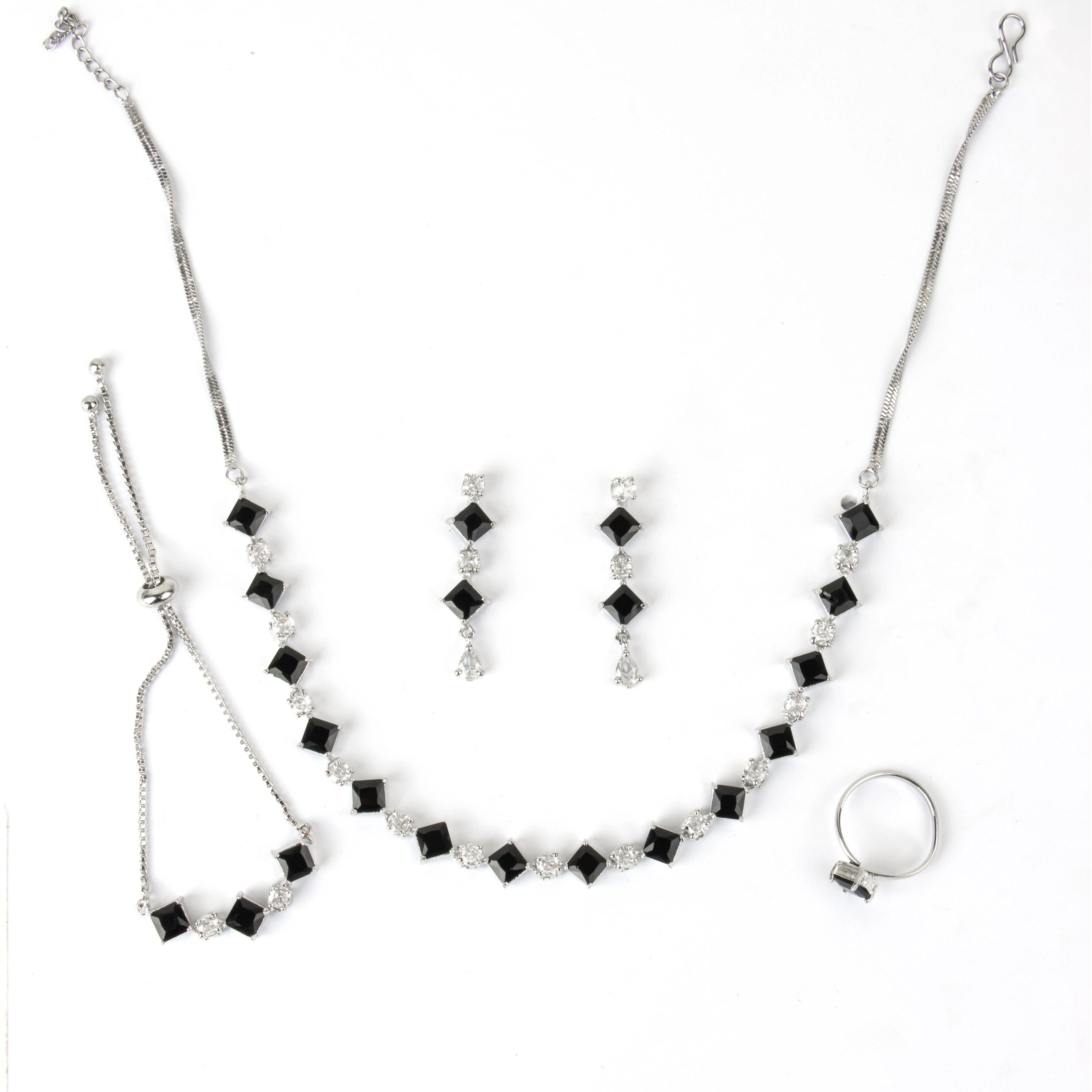 Black Stone Diamond Necklace Set with Ring, Earrings, and Bracelet - Rukhmani