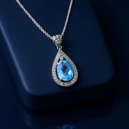 Teardrop Halo Pendant with Blue Gemstone in 925 Sterling Silver