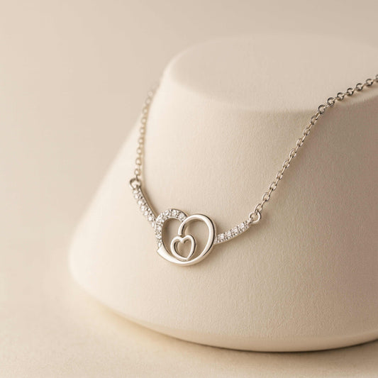 925 Sterling Silver Rhodium Plated Double Heart Necklace with Cubic Zirconia