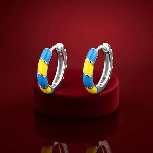 925 Sterling Silver Huggie Hoop Earrings with Yellow and Blue Enamel|Rhodium Plated