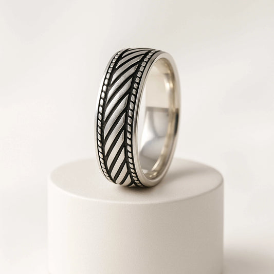 925 Sterling Silver Rhodium Plated Diagonal Line Band Ring for Men