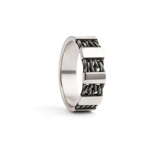 925 Sterling Silver Men’s Chain Link Ring | Rhodium Plated Modern Oxidized Band
