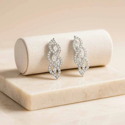 925 Sterling Silver Leaf Design Earrings | Rhodium Plated with Cubic Zirconia